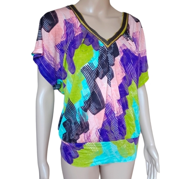 ANTHROPOLOGIE Womens Stretchy V Neck Top Multicolor Short Sleeves Small Petite - Picture 4 of 8